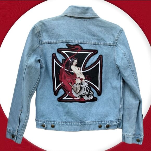 Top Gear LLC Denim Jacket Lady Red Back Patch Size M Blue - Picture 1 of 7